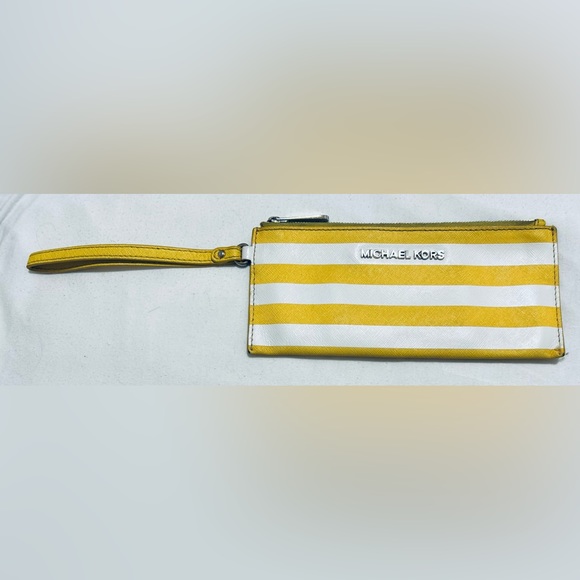 Yellow & White stripe Michael Kors wristlet - Picture 1 of 7